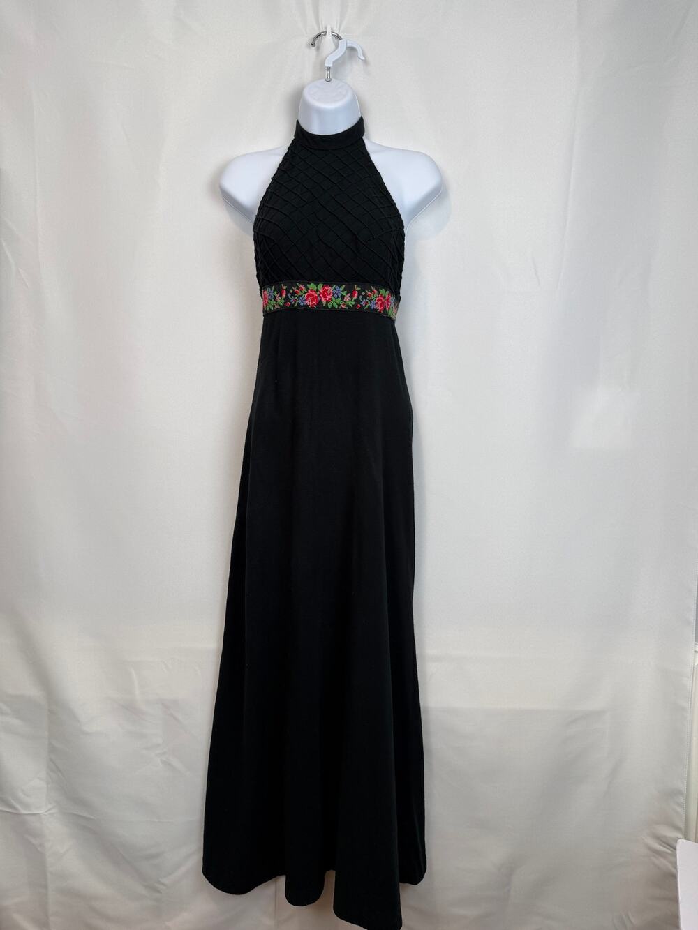 Vintage 70s Lanz Originals Black Halter Maxi Dress Floral Embroidered Boho XS